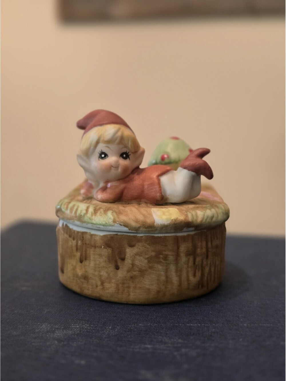 Vintage Homco Pixie Elf Toadstool Mushroom Lidded Trinket Box  5404
